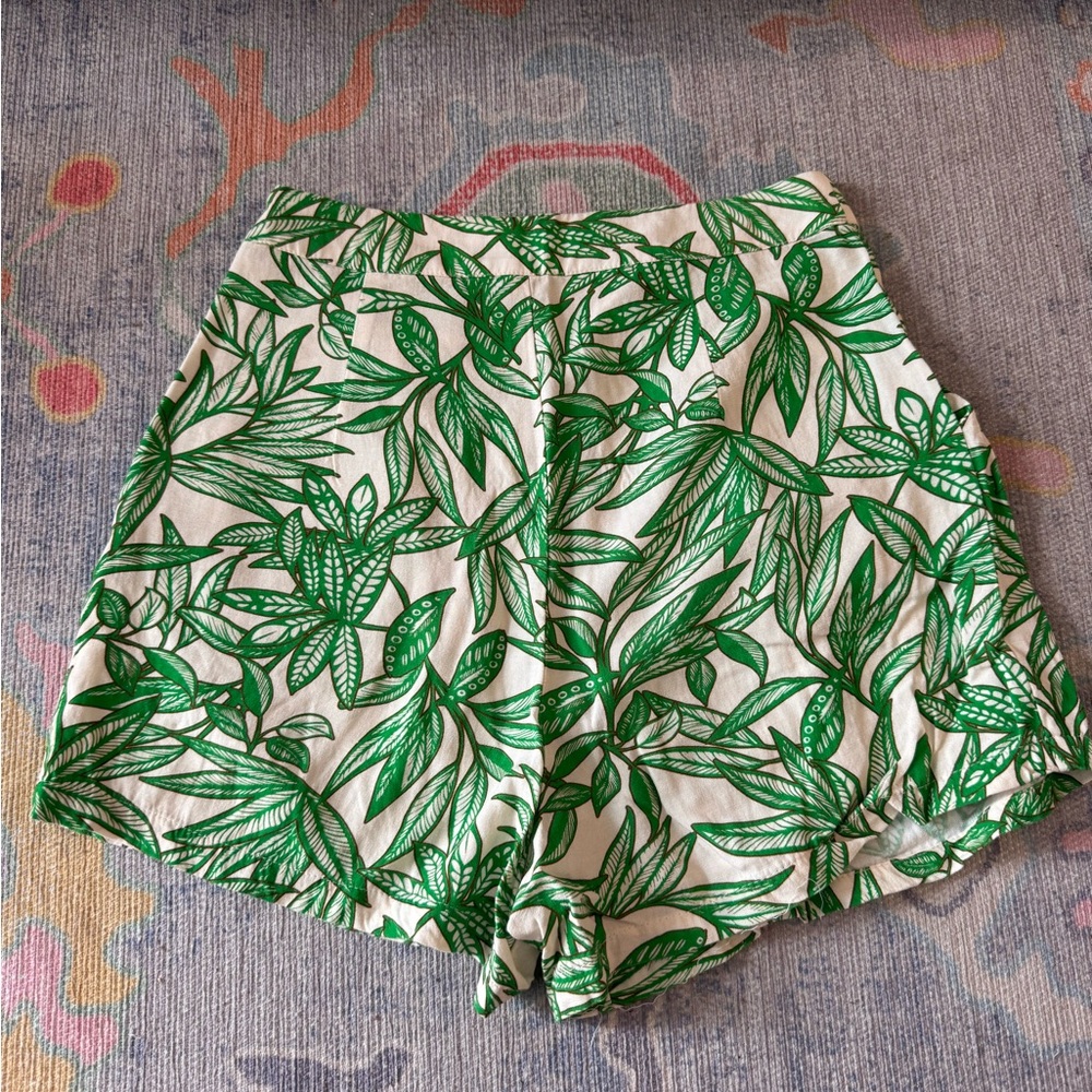 Zara Cream High-Waist Shorts with Green Leaf Print